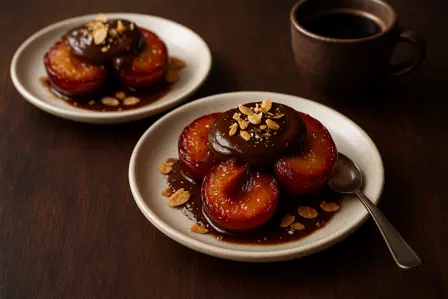 Anisbrændte blommer med chokoladeganache