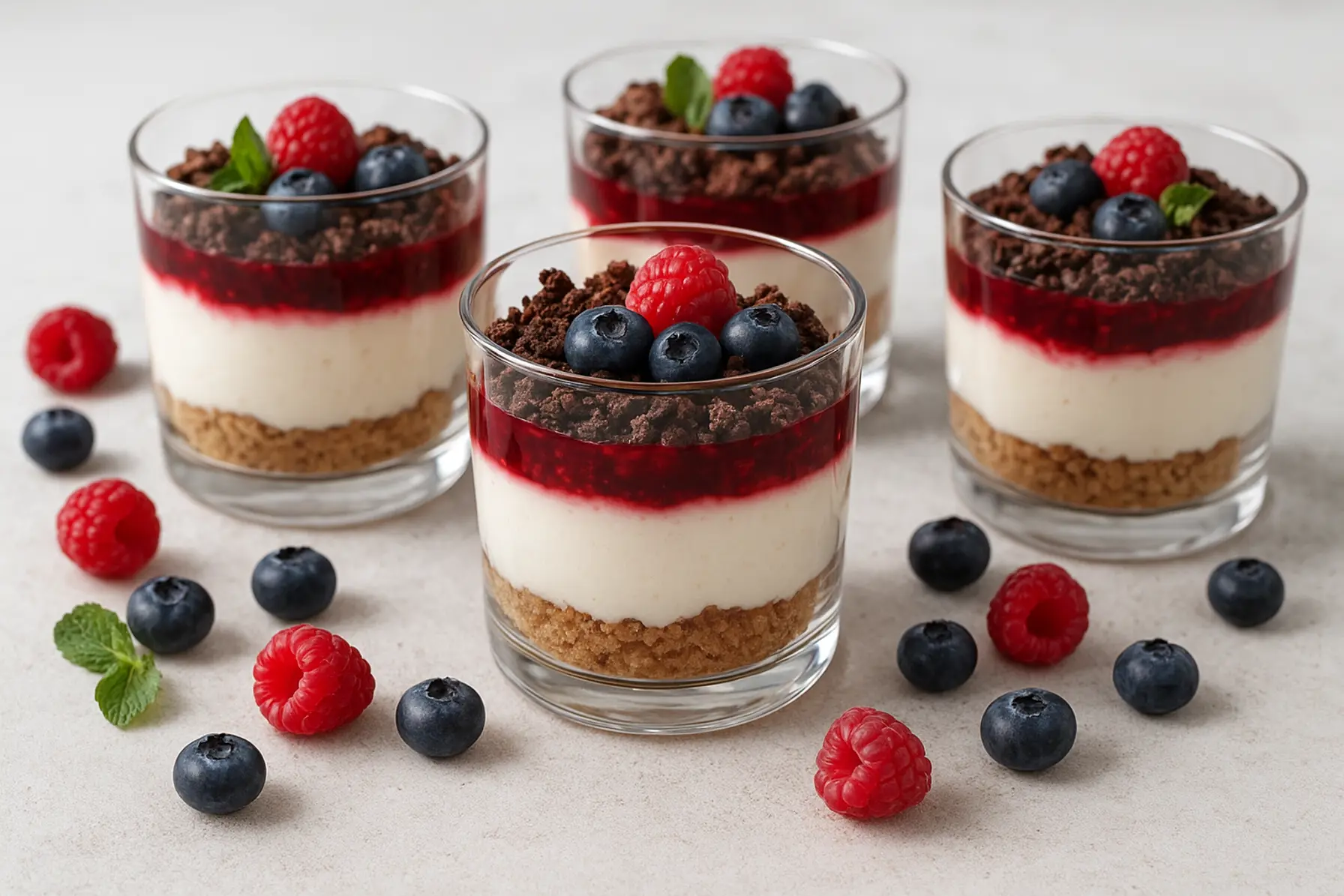 Bærcheesecake i glas med kiks- og chokoladeknas