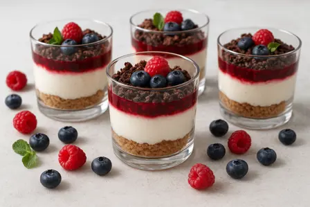 Bærcheesecake i glas med kiks- og chokoladeknas