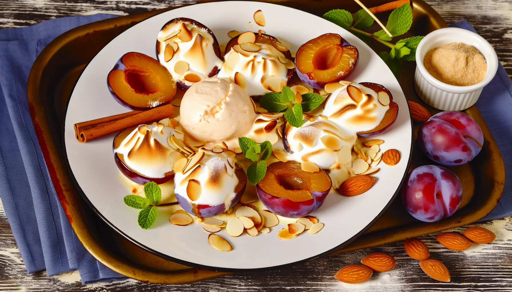 Bagte blommer med mandelmarengs og kanelcreme