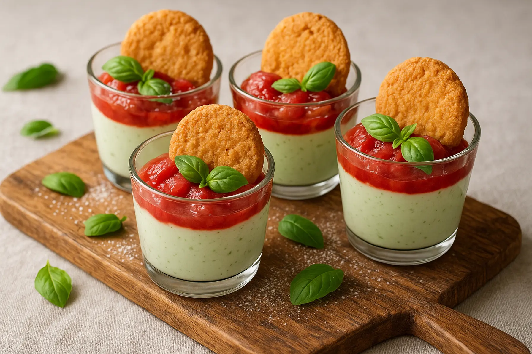 Basilikumcreme med rabarberkompot og honningkiks