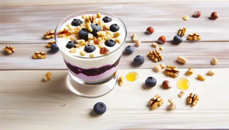 Blåbærskum med honningristede nødder og yoghurtgelé