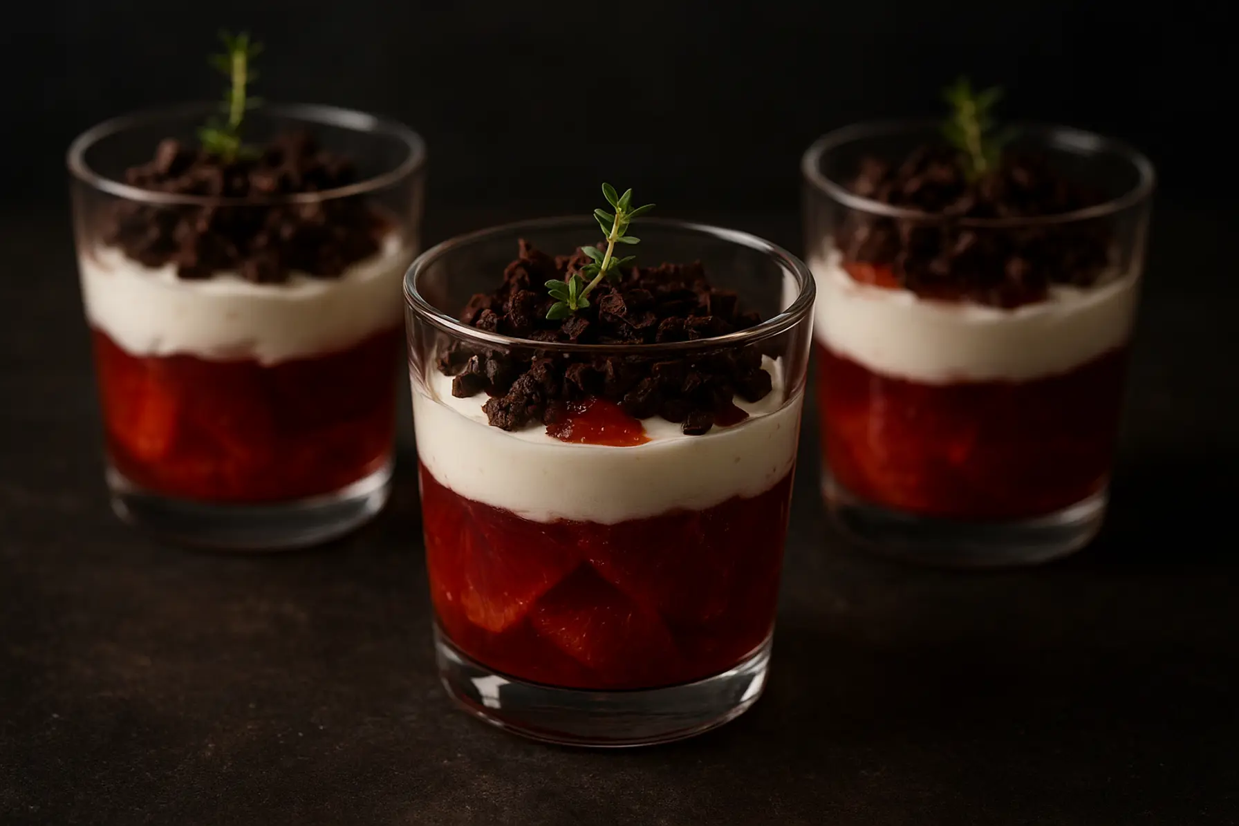 Blodappelsinglas med chokoladecrisp og timiangelé