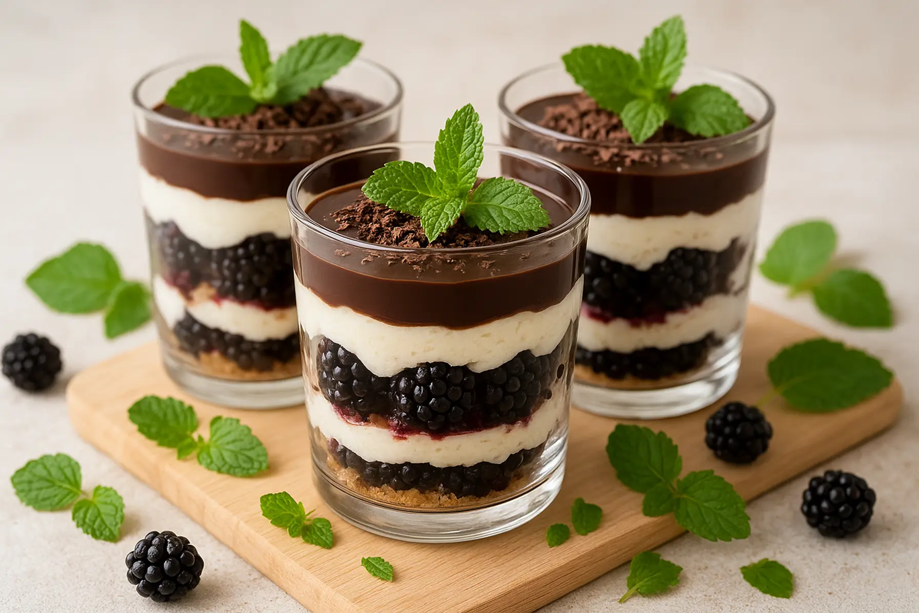 Brombær i glas med mørk chokolade og mascarpone