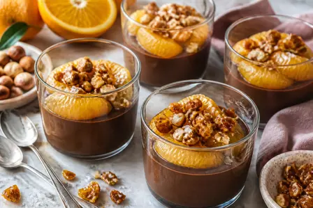 Chokoladepanna cotta med appelsin og hasselnøddeknas