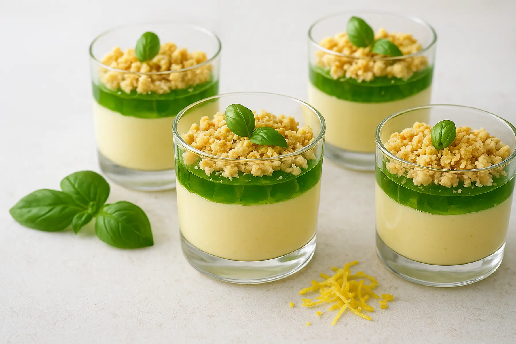 Citroncreme med basilikumgelé og hvid chokoladecrumble