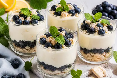 Citronfromage med blåbær og makroner