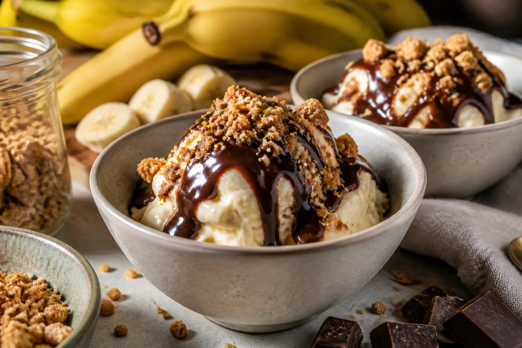 Cremet bananis med chokoladesauce og crumble