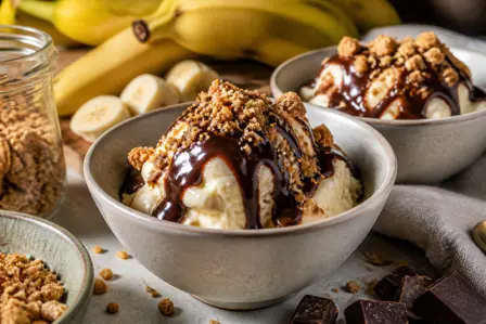 Cremet bananis med chokoladesauce og crumble