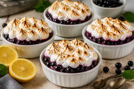 Cremet citronbudding med marengs og solbær