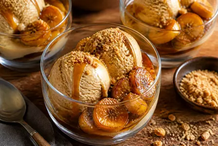 Cremet kaffeis med karamelliserede bananer