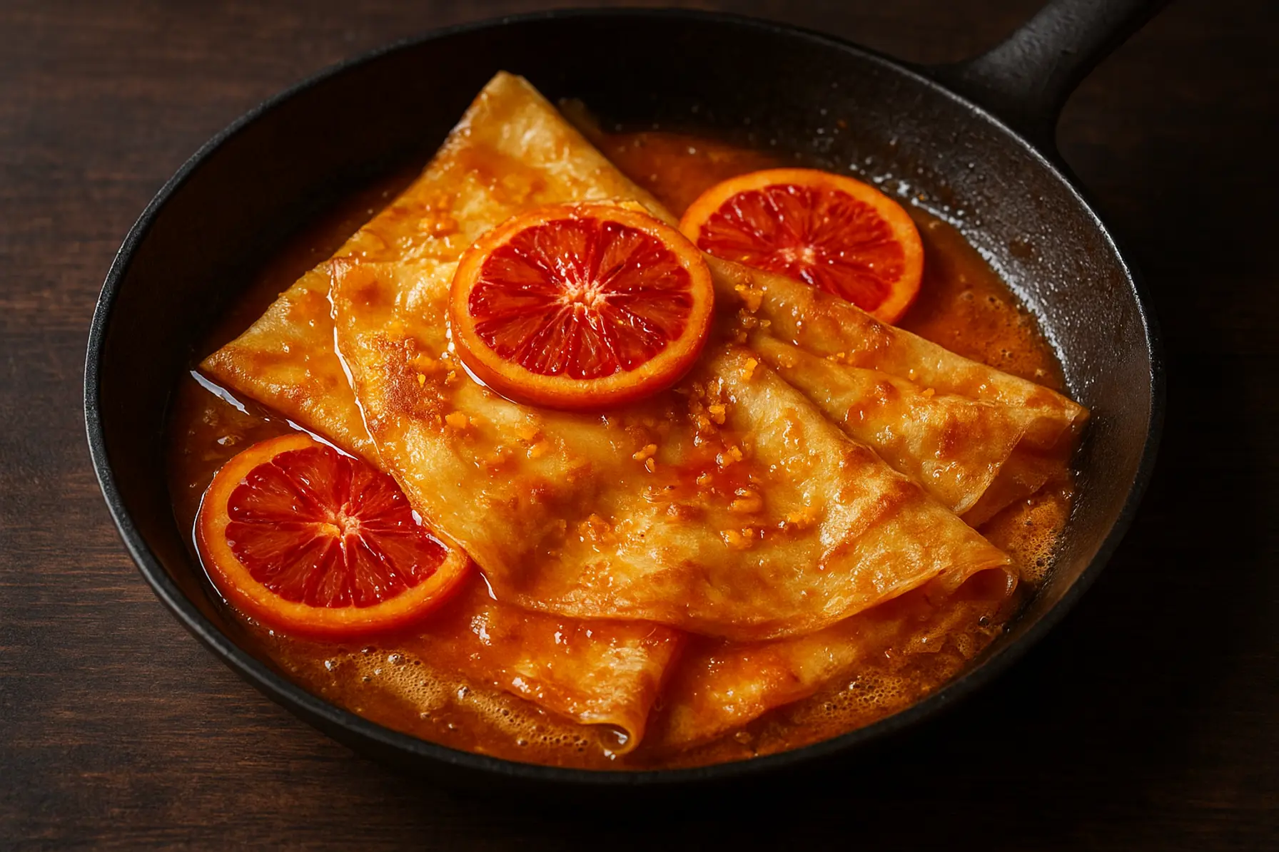 Crêpe Suzette med blodappelsin og brændt smør
