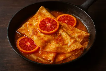 Crêpe Suzette med blodappelsin og brændt smør