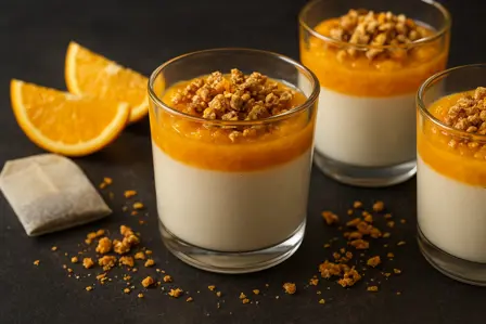 Earl Grey-panna cotta med appelsinkompot og havreknas