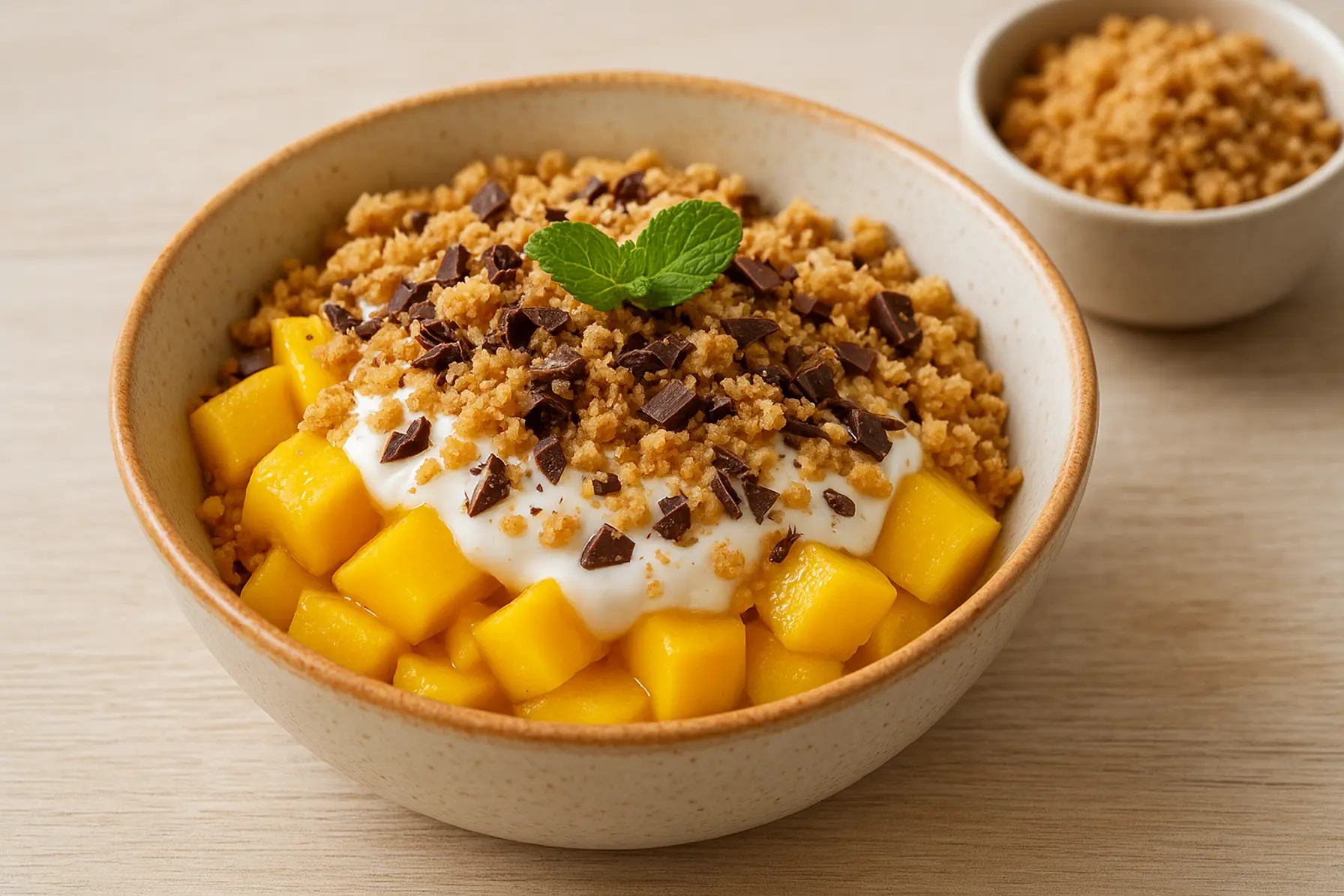 Frisk mango-lime skål med kokoscrumble og chokolade