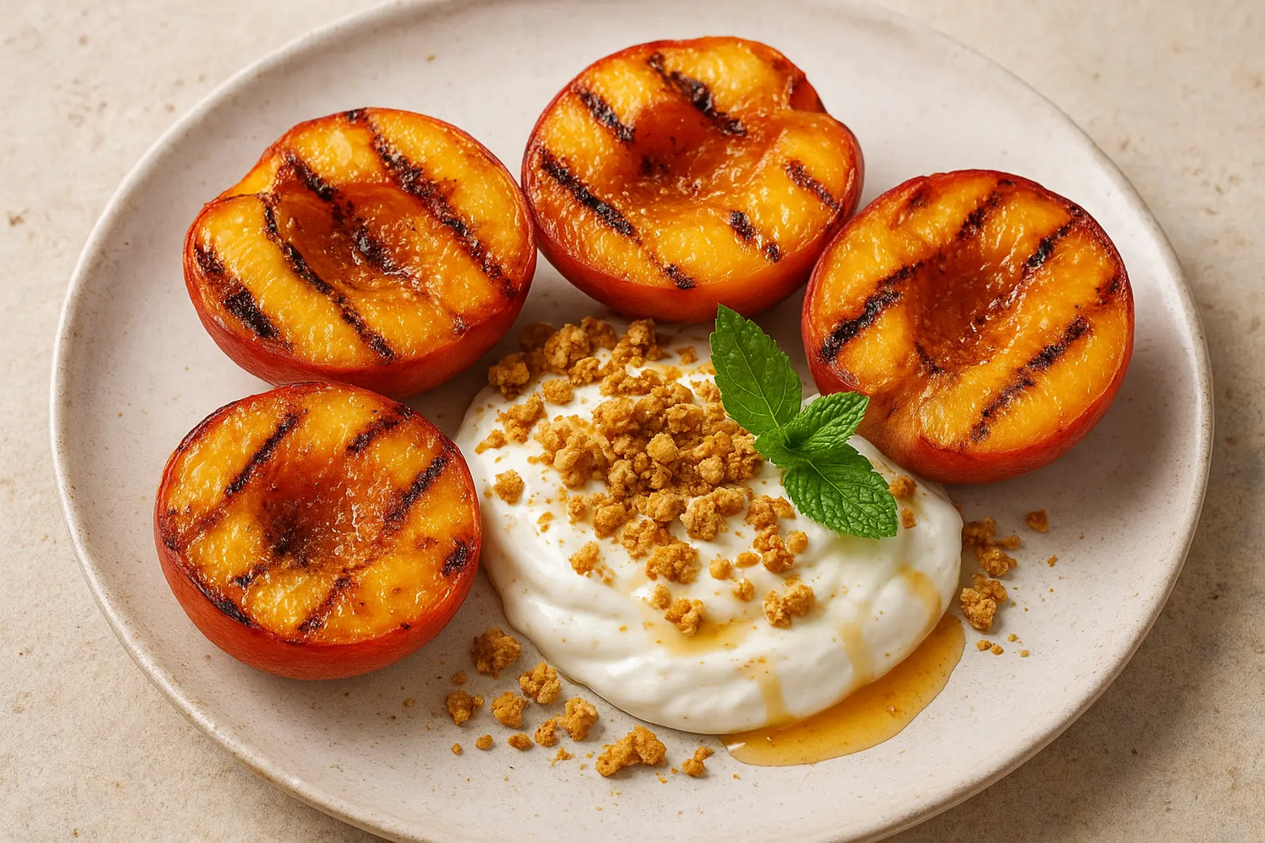 Grillet fersken med lakridsyoghurt og honningknas