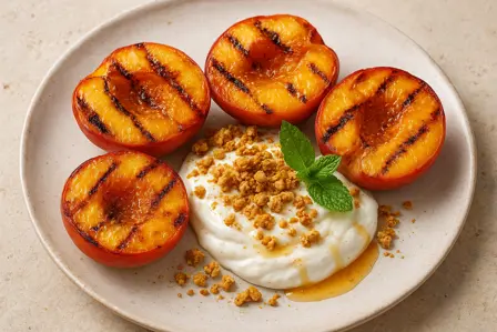 Grillet fersken med lakridsyoghurt og honningknas