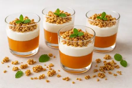 Havtorngele med yoghurtcreme og honninghavreknas