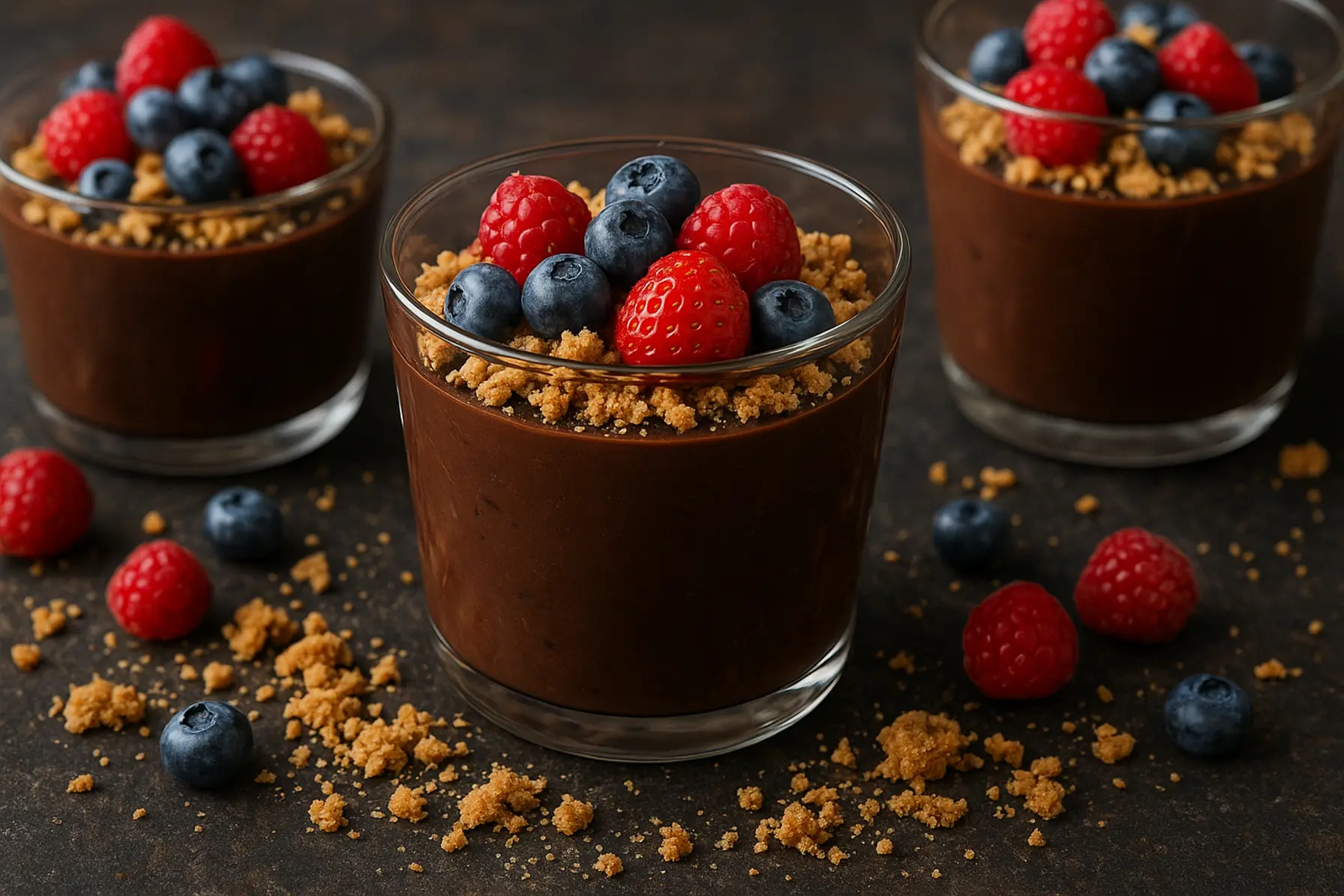 Hurtig chokoladepudding med bær og havrekiks