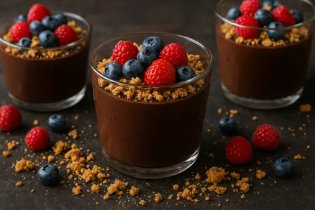 Hurtig chokoladepudding med bær og havrekiks