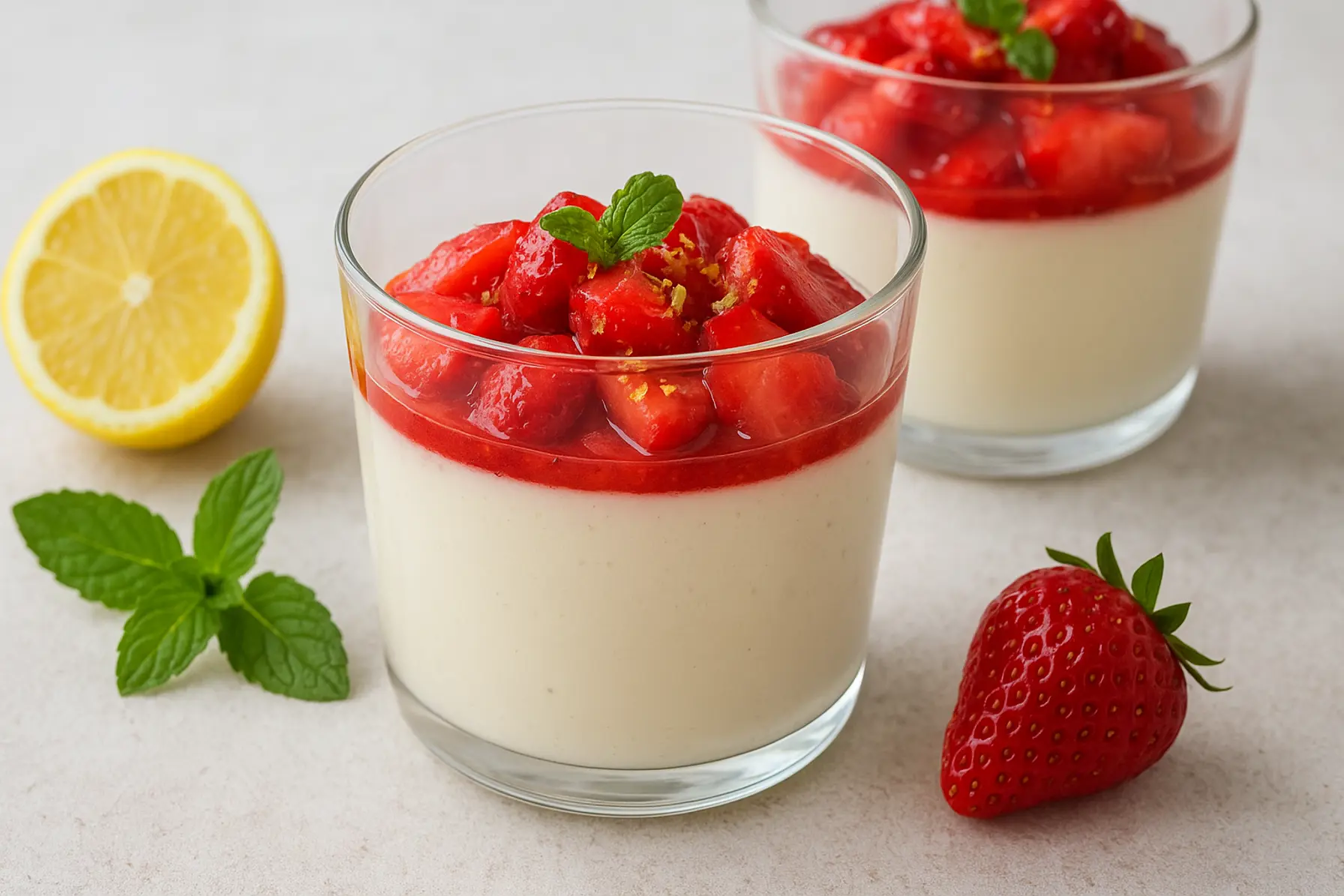 Hyldeblomst-panna cotta med marinerede jordbær