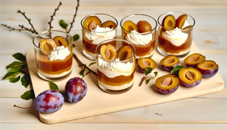 Karamelglas med bagte blommer og flødeskum