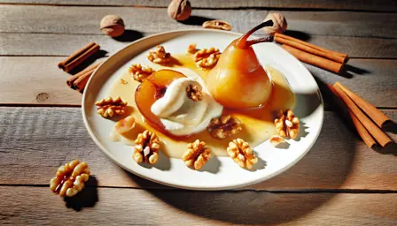 Karameliserede pærer med kanelcreme og honningristede nødder