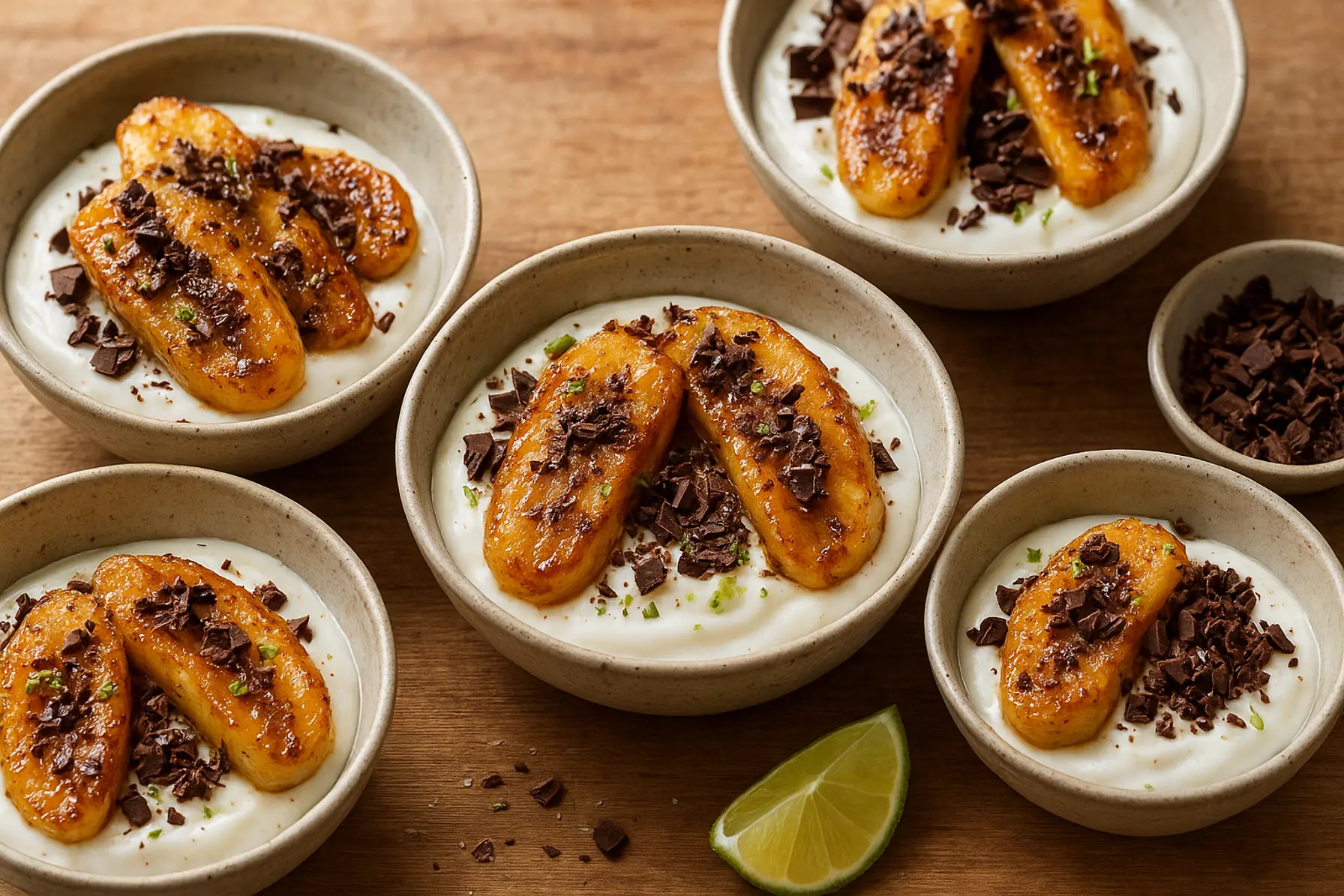 Karamelliserede bananer med kokoscreme og chokoladeknas