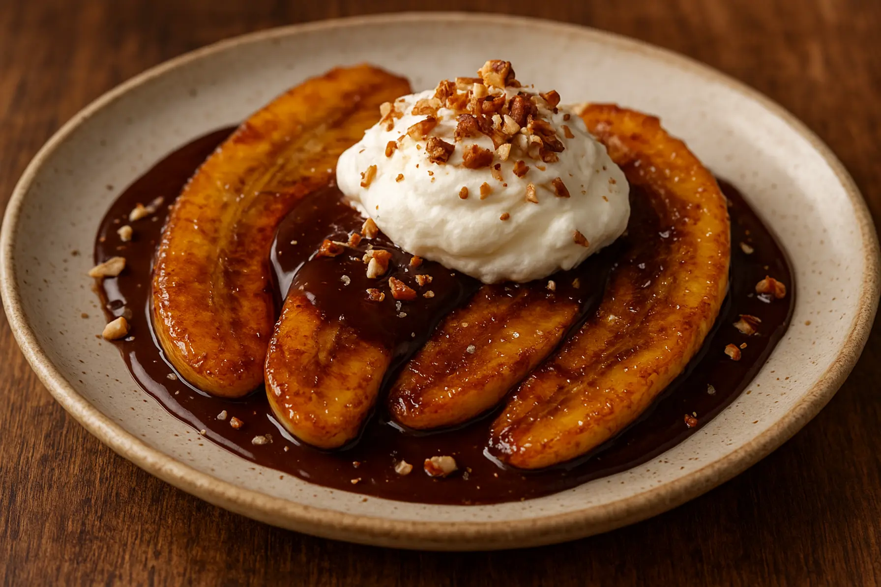 Karamelliserede bananer med chokolade og flødeskum