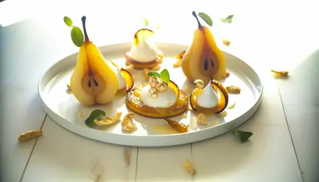 Karamelliserede pærer med blød mandelcreme og citronmarengs