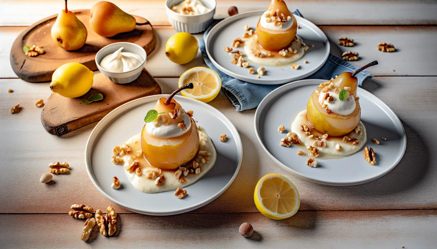 Karamelliserede pærer med citroncreme og knasende nødder