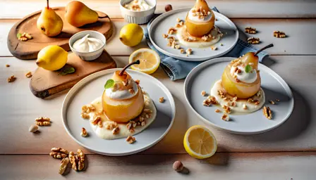 Karamelliserede pærer med citroncreme og knasende nødder