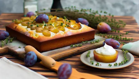 Klassisk vaniljekage med bagte blommer og timiancreme