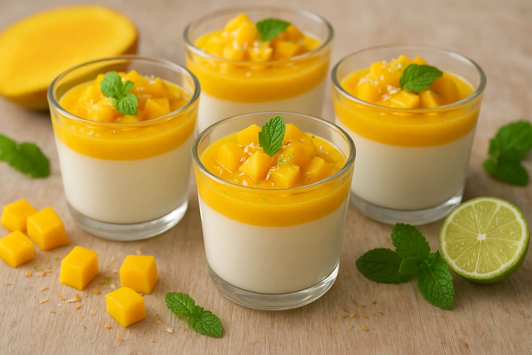 Kold kokos-panna cotta med mango og lime