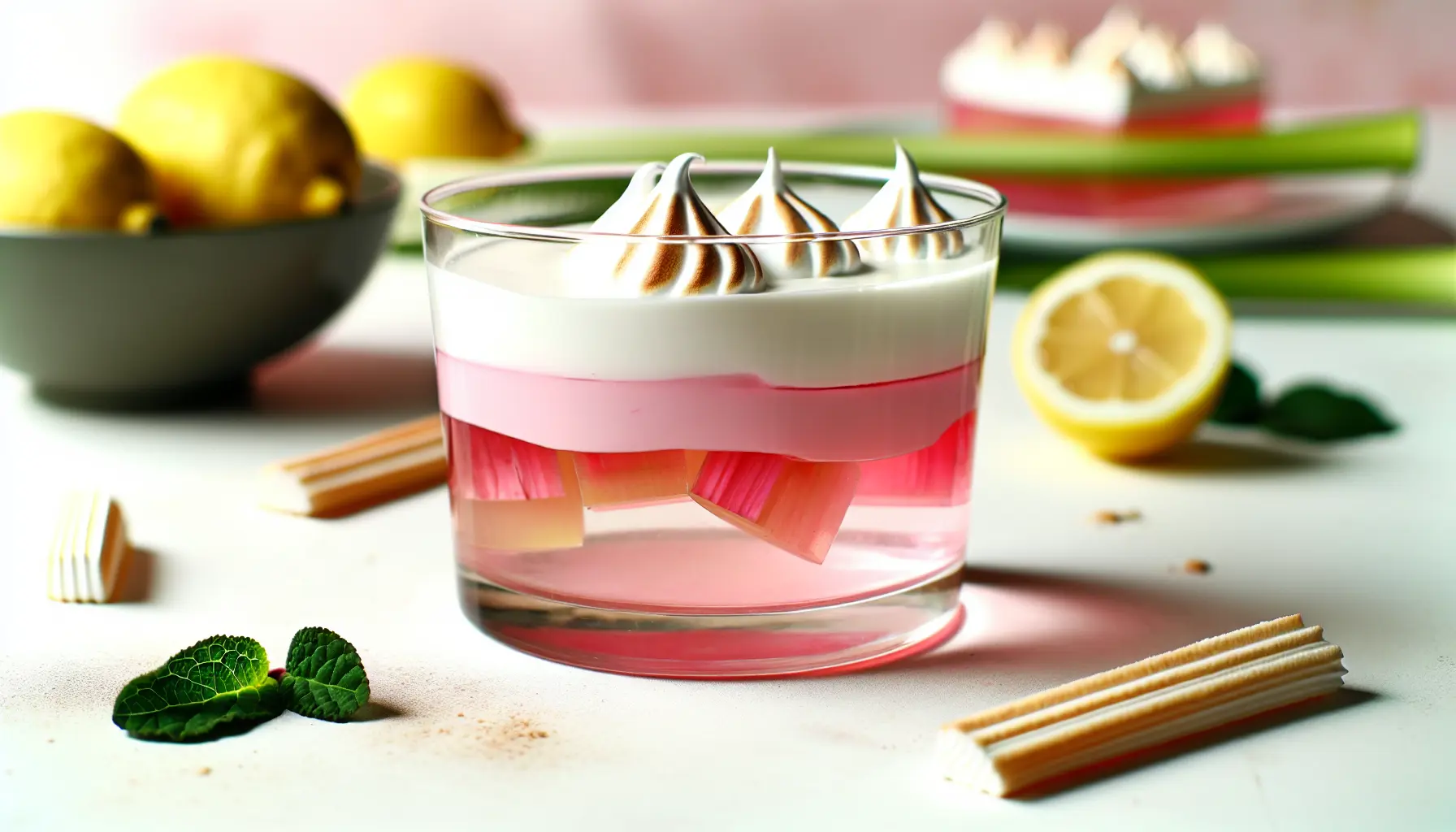 Kold rabarbergelé med citroncreme og let marengs
