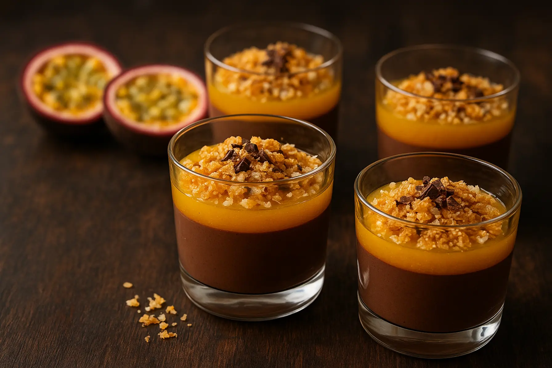 Krydret kakaocreme med passionsfrugtgelé og kokosknas