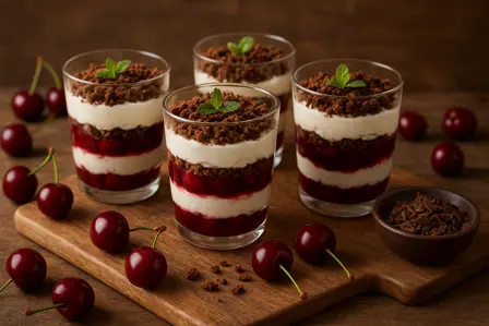 Lagdelt kirsebærkompot med mascarpone og rugbrødsknas