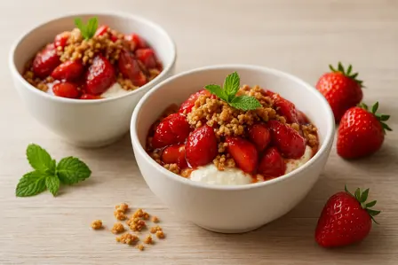 Lakridsmarinerede jordbær med yoghurtis og havrecrumble