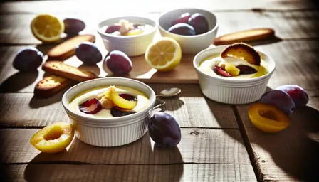 Lun citroncreme med pocherede blommer og smørstegte biscotti