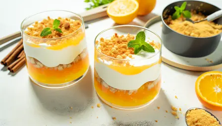 Lun citrusgelé med blød ricottacreme og sprød kiksecrumble