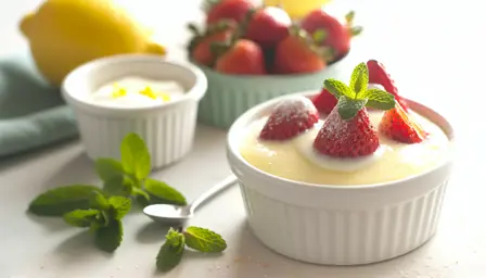 Lun hvid chokoladeganache med bagte jordbær og citroncreme