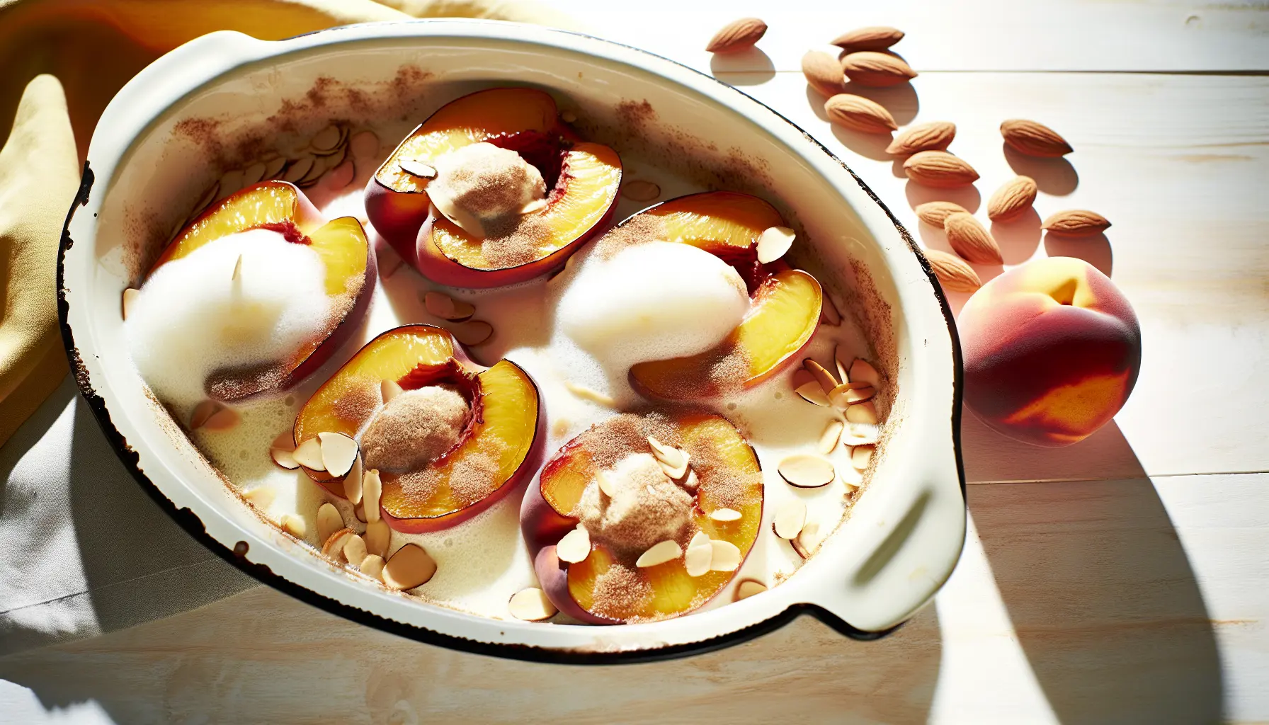 Lun kanelbagte fersken med let citronskum og ristede mandler