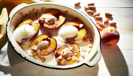 Lun kanelbagte fersken med let citronskum og ristede mandler