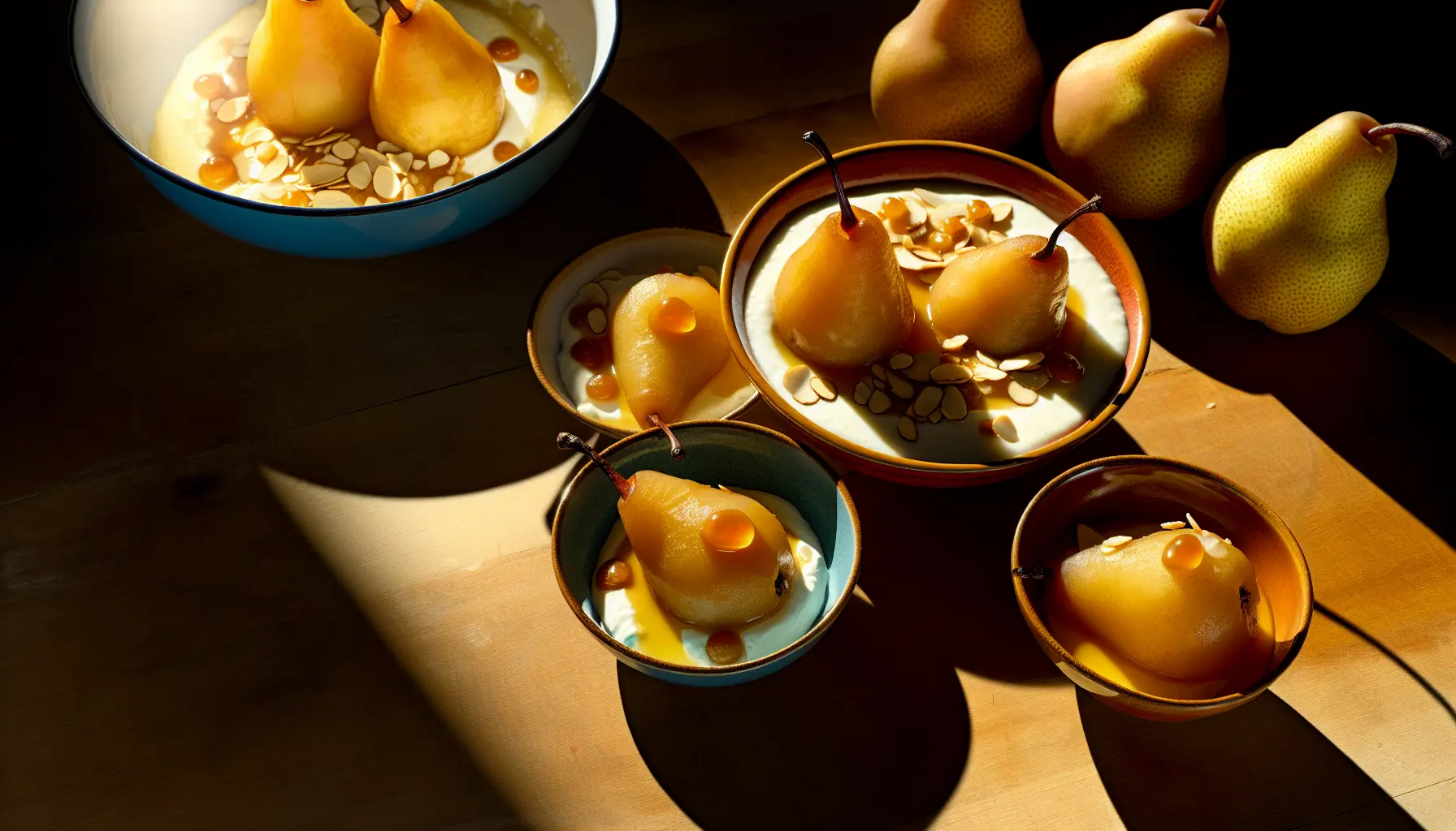 Mandleristede pærer med ymercreme og karameldråber
