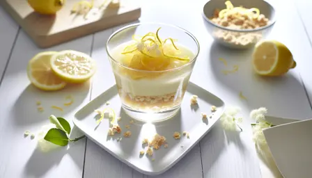 Meyer-limonkompot med hyldeblomstgelé og havrecrumble