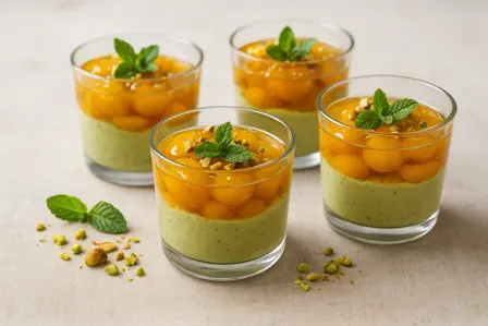 Mirabeller med pistaciecrème og honninggelé