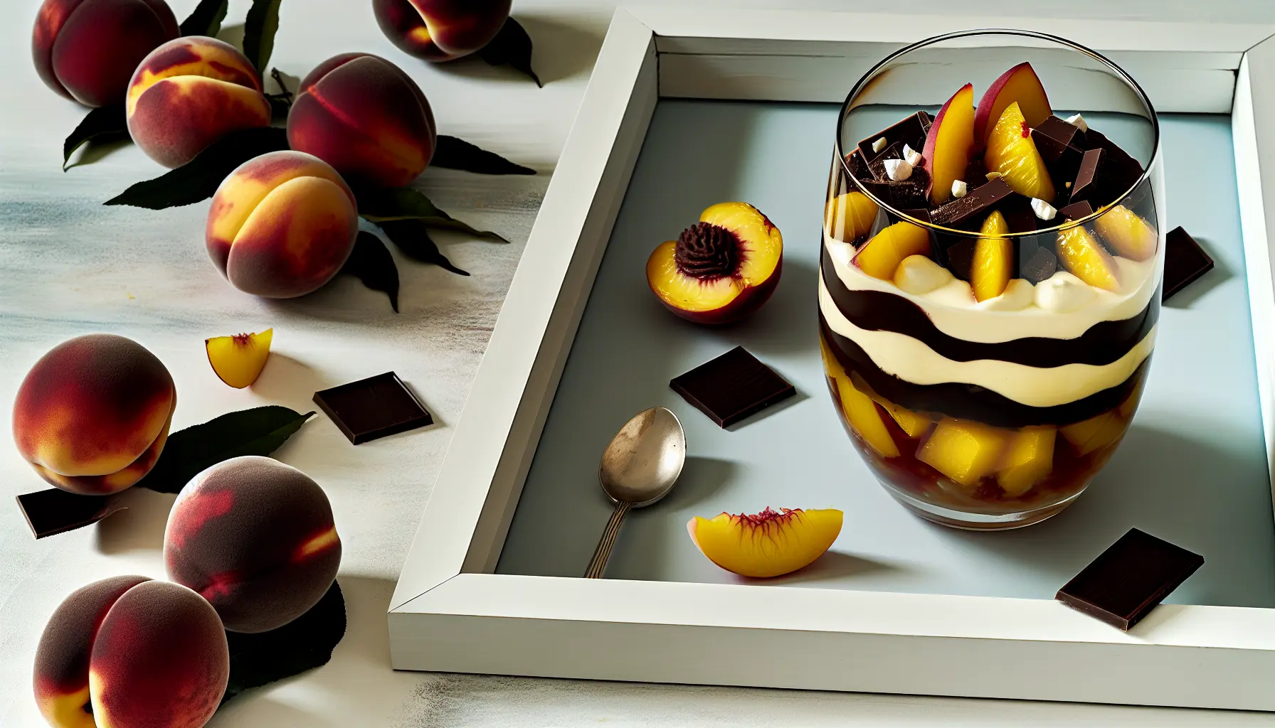Mørk chokoladeganache med ferskenkompot og hvid chokoladekrem