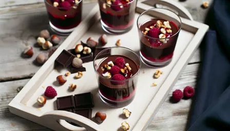 Mørk chokoladeganache med hindbærkompot og hasselnødder