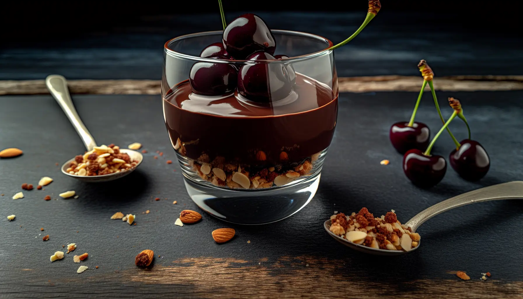 Mørk chokoladeganache med kirsebær og mandelcrumble