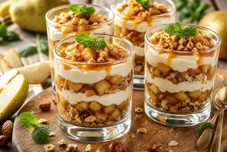 Pære og karamel i glas med sprød crumble
